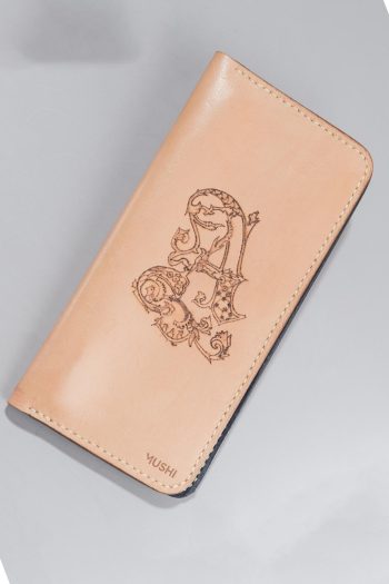 Imported genuine long leather wallet in nude with letter A decorative painting in Pakistan.
