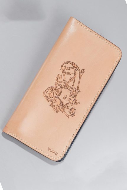 Imported genuine long leather wallet in nude with letter A decorative painting in Pakistan.