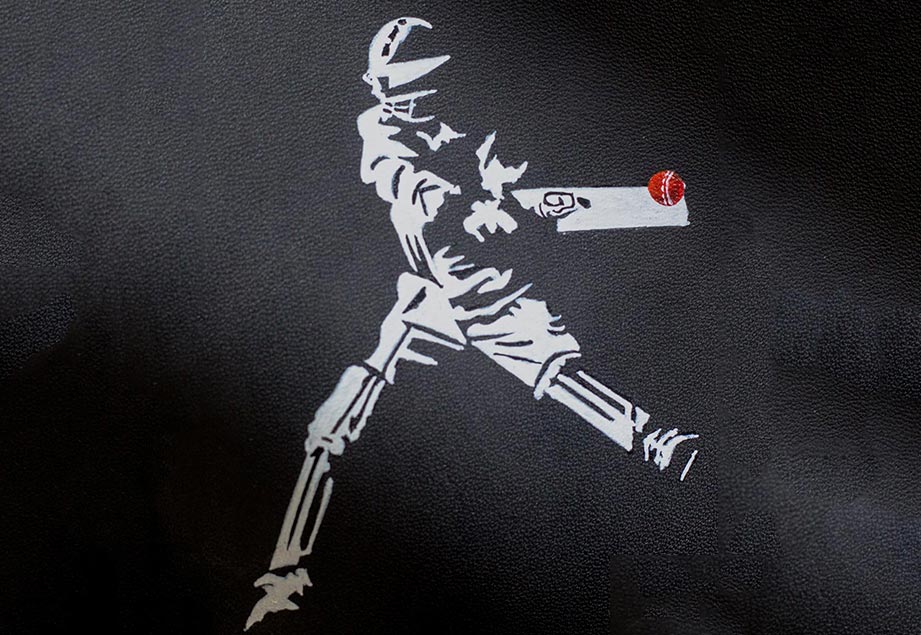 BATSMAN-STRIKE-FOOTER-IMAGE-ONE Imported genuine minimalist leather wallet in black with cricket player painting in Pakistan.