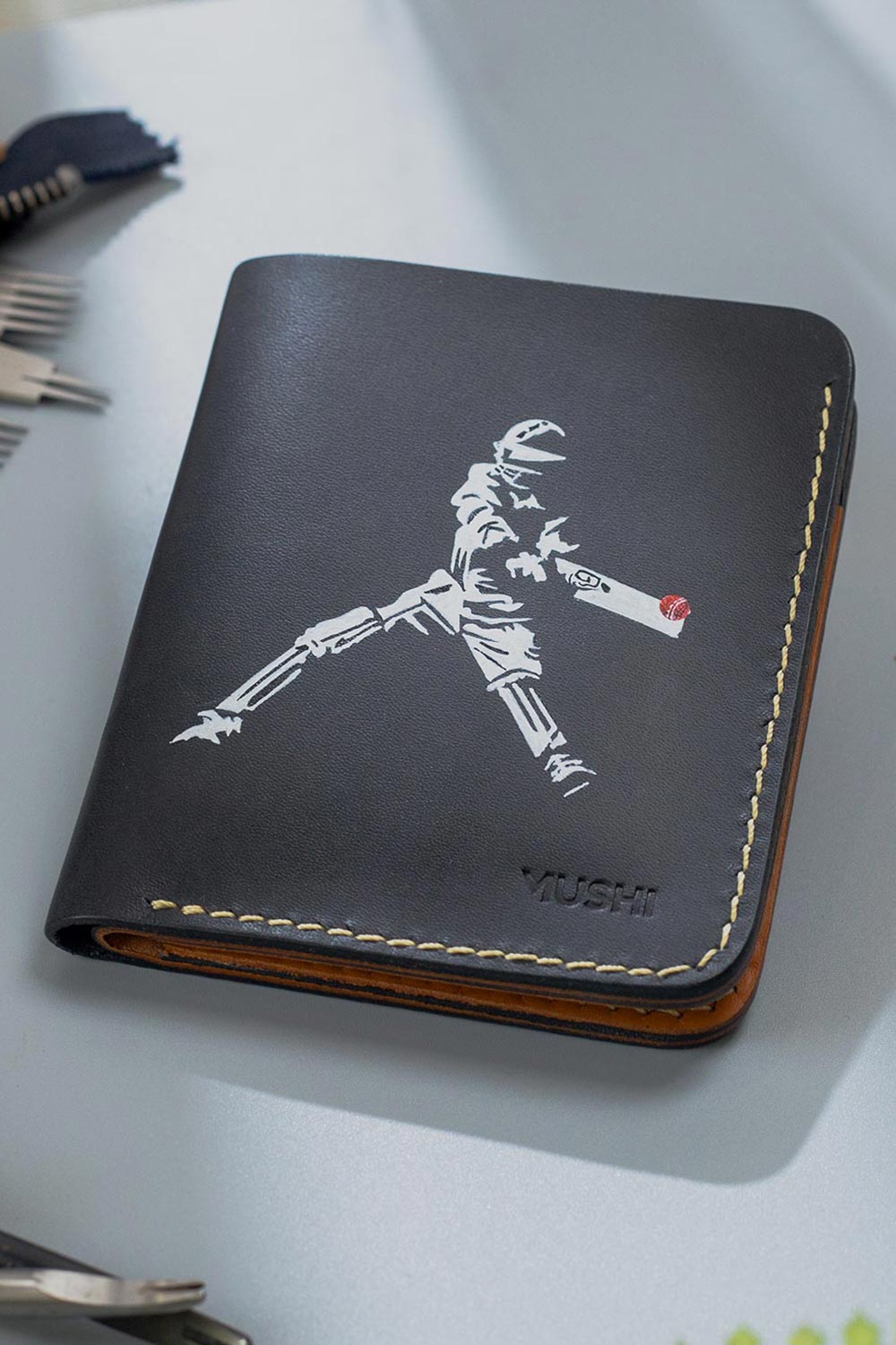 BATSMAN-STRIKE-FOOTER-IMAGE-TWO Imported genuine minimalist leather wallet in black with cricket player painting in Pakistan.