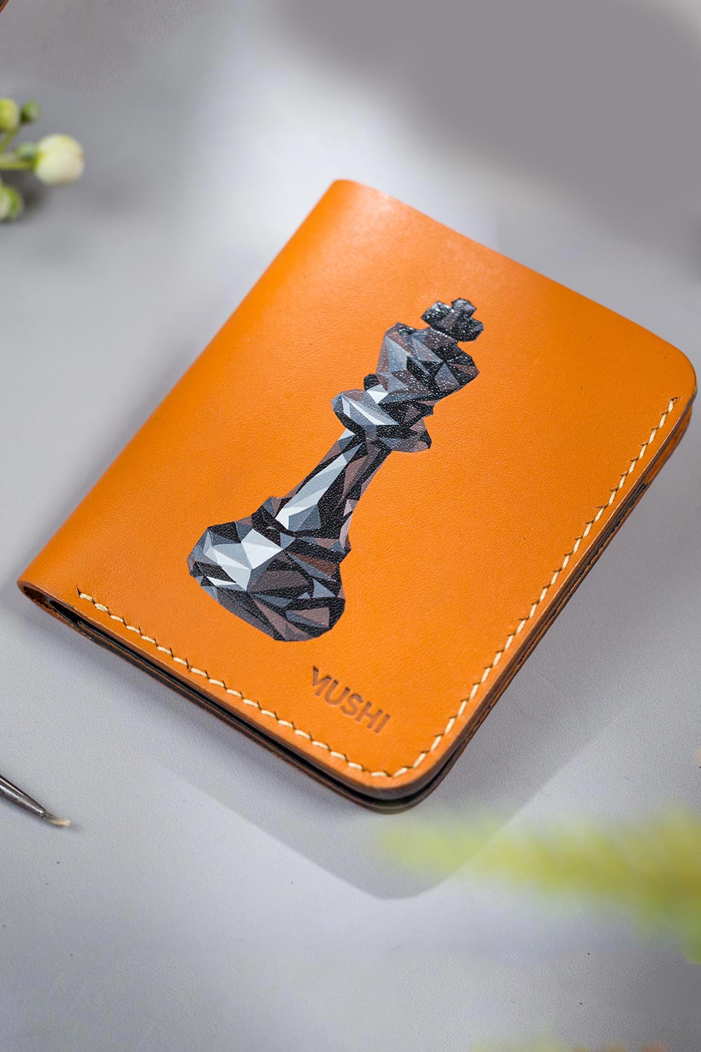 Imported genuine minimalist leather wallet in beige with chess king painting in Pakistan.
