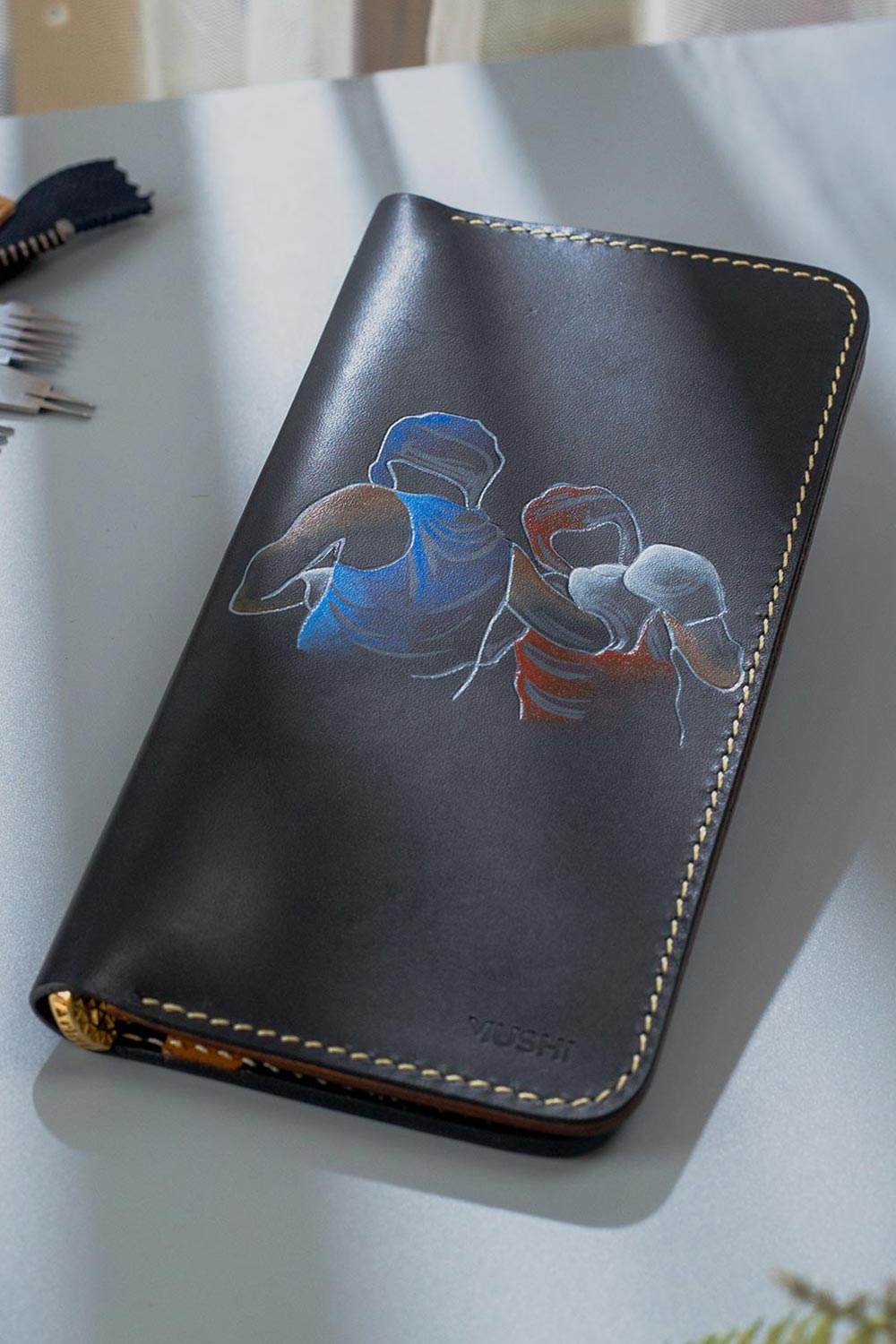 Imported genuine long leather wallet in black with boxing players painting in Pakistan.