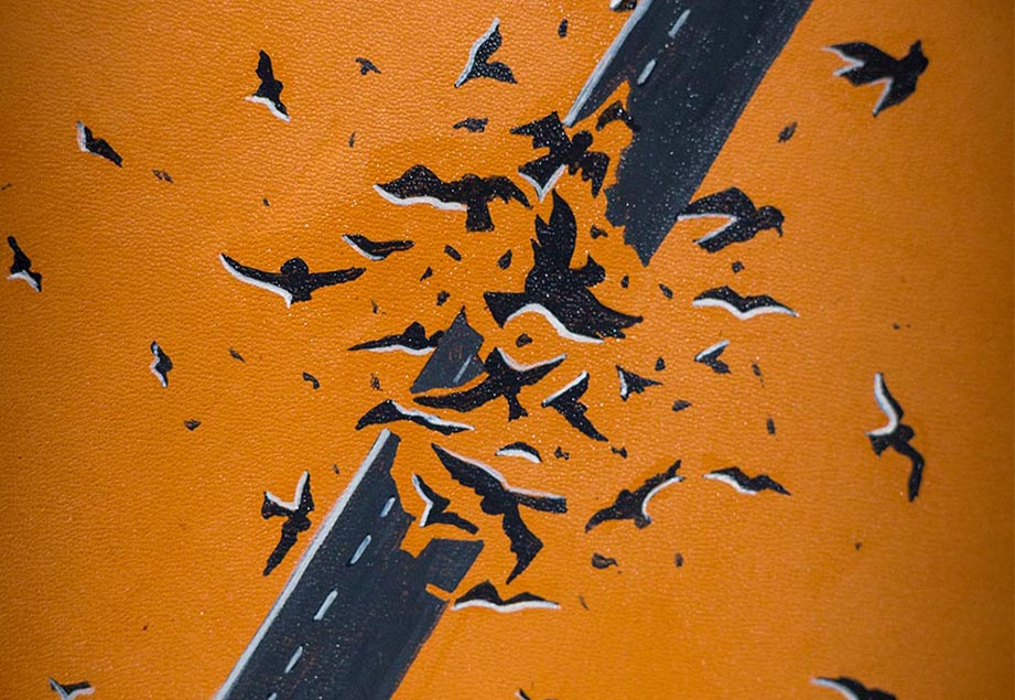 Imported genuine long leather wallet in beige with birds breaking free painting in Pakistan.