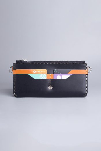 Carry on leather wallet with shoulder strap in black in Pakistan.