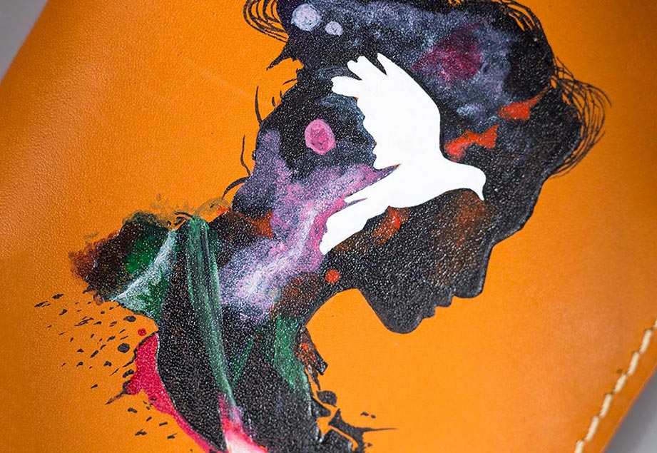 Imported genuine long leather wallet in beige with human silhouette painting in Pakistan.