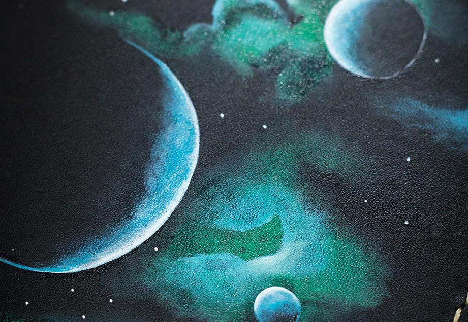 EXPANDING-UNIVERSE-FOOTER-IMAGE-ONE Imported genuine long leather wallet in black with planets and clouds painting in Pakistan.