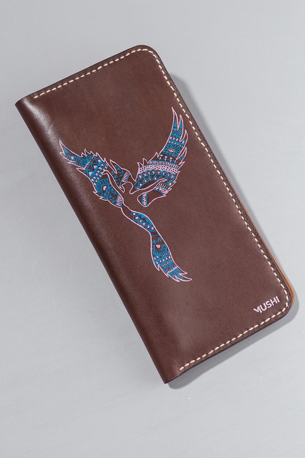 Imported genuine long leather wallet in burgundy with girl silhouette painting in Pakistan.