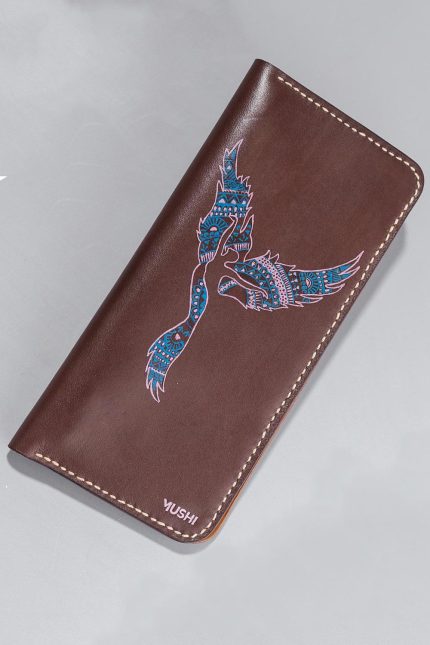 Imported genuine long leather wallet in burgundy with girl silhouette painting in Pakistan.