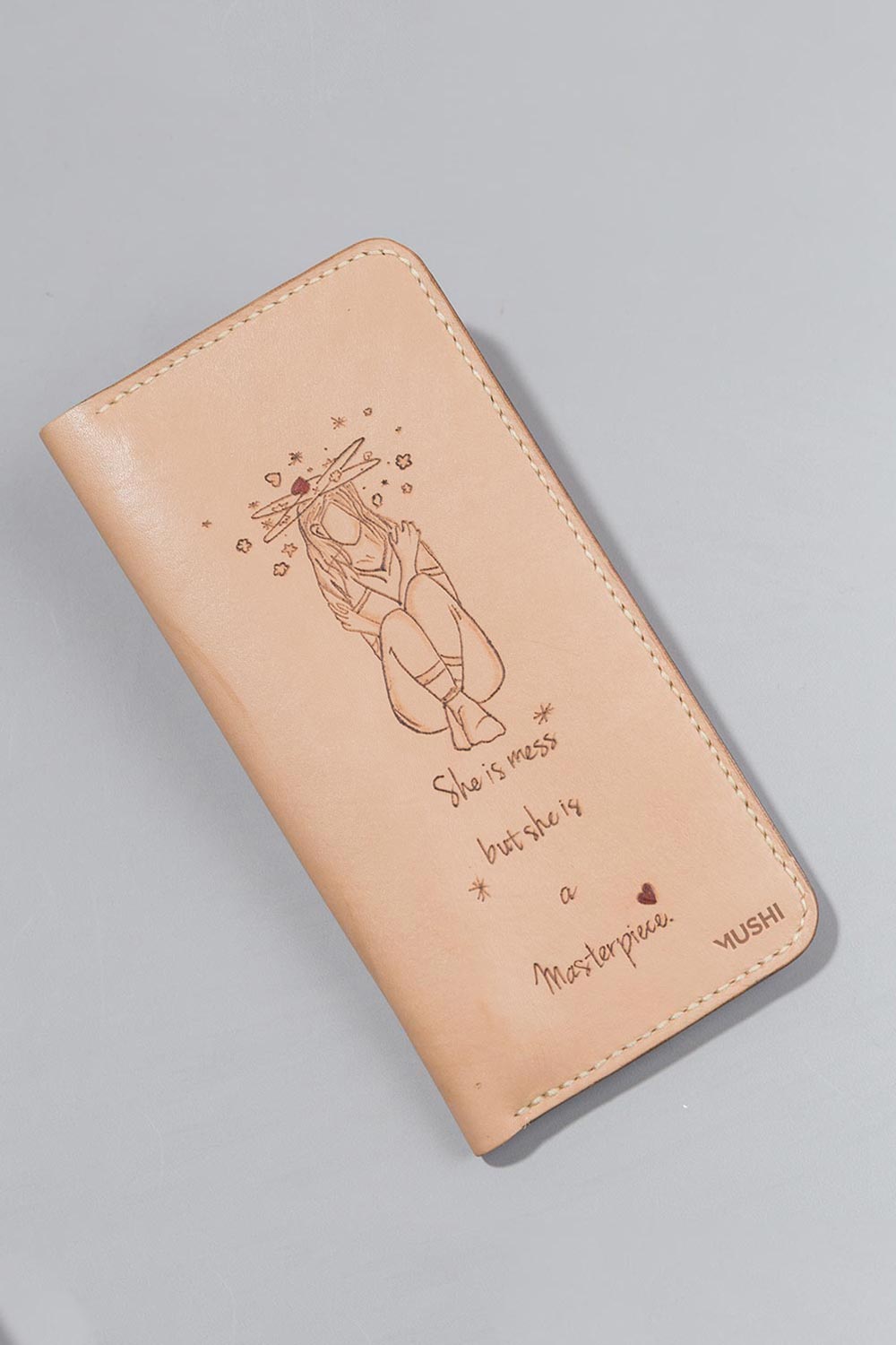 Imported genuine long leather wallet in nude with girl with planet halo painting in Pakistan.