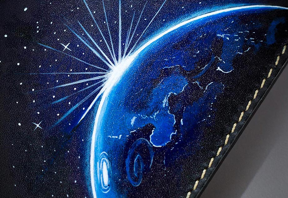 Imported genuine long leather wallet in black with Earth and stars painting in Pakistan.