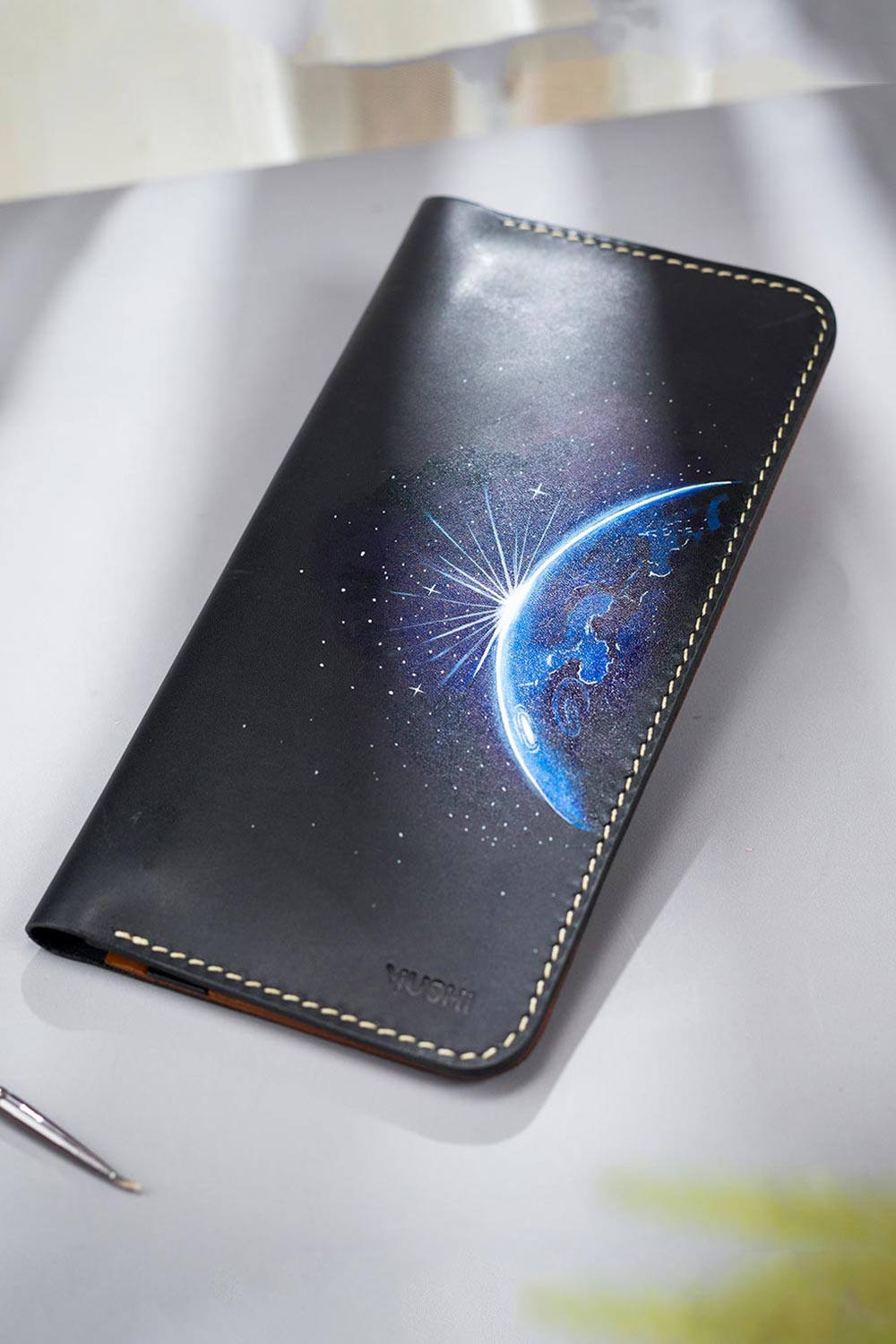Imported genuine long leather wallet in black with Earth and stars painting in Pakistan.