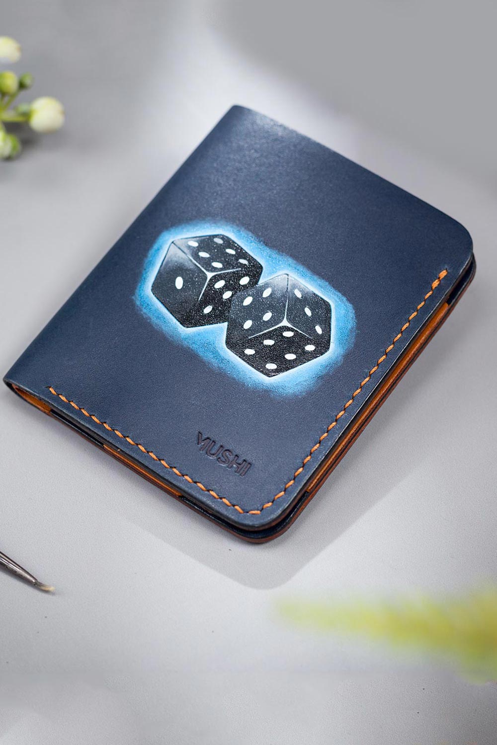Imported genuine minimalist leather wallet in navy with dice painting in Pakistan.