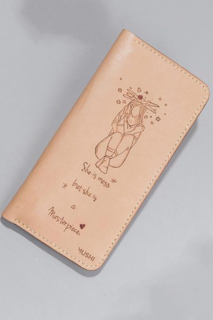 Imported genuine long leather wallet in nude with girl with planet halo painting in Pakistan.