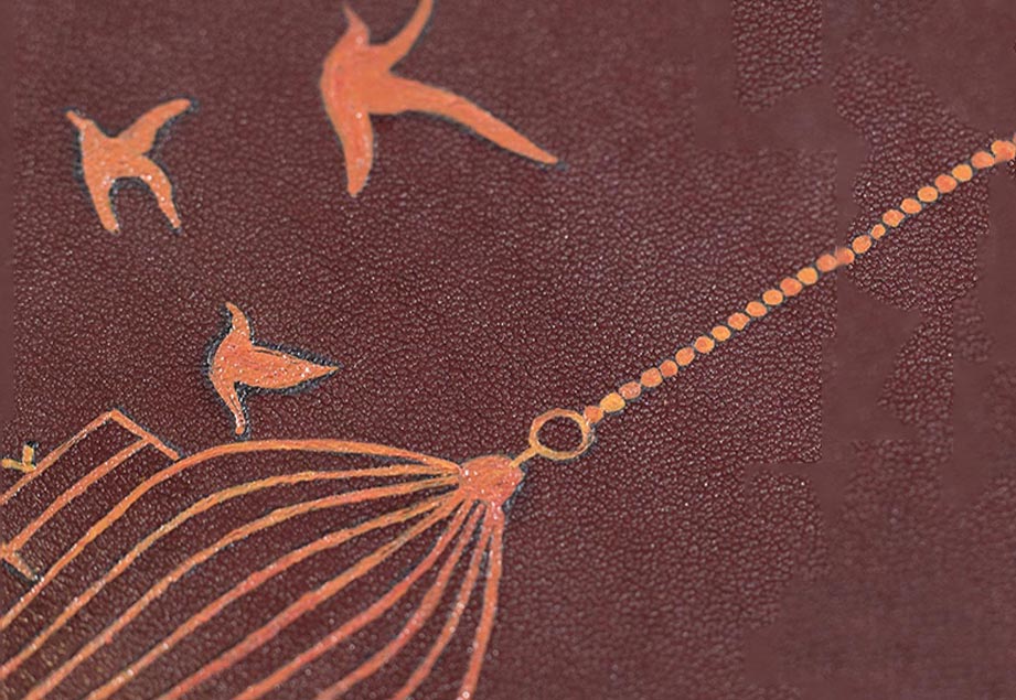 Imported genuine long leather wallet in burgundy with birds flying out of a cage painting in Pakistan.