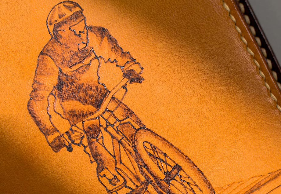 Imported genuine long leather wallet in beige with bicycle rider painting in Pakistan.
