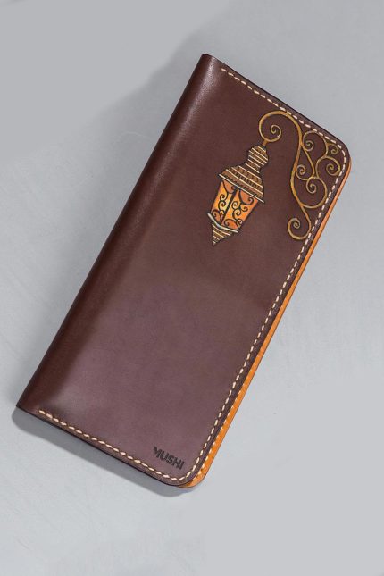 Imported genuine long leather wallet in burgundy with lantern painting in Pakistan.