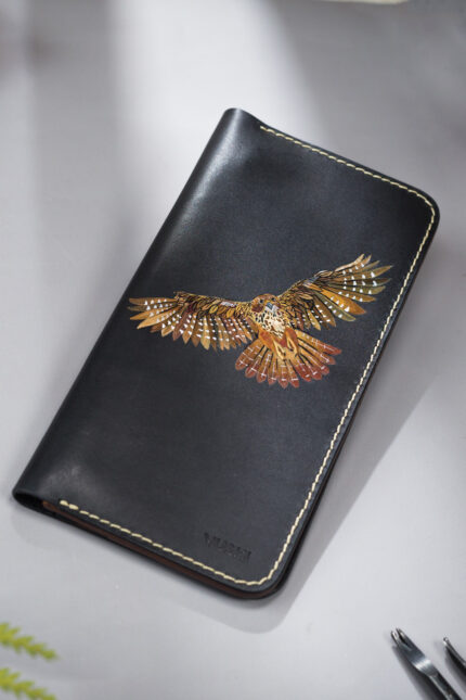 Imported genuine long leather wallet in black with owl flying painting in Pakistan.