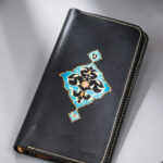 Full grain leather long wallet with Turkish hand-painted art with leather acrylics