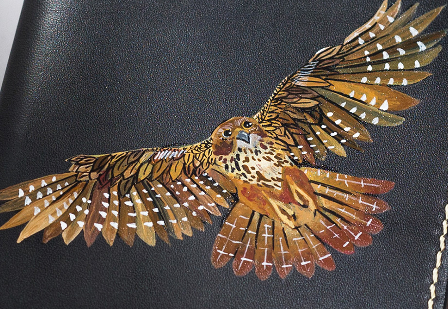 OWL'S-WING-SPAN-FOOTER-IMAGE-ONE Imported genuine long leather wallet in black with owl flying painting in Pakistan.