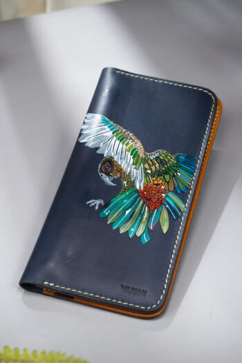 Imported genuine long leather wallet in black with colourful bird illustration in Pakistan