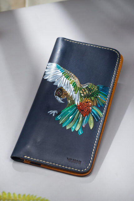 Imported genuine long leather wallet in black with colourful bird illustration in Pakistan
