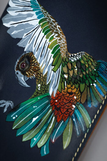 Imported genuine long leather wallet in black with colourful bird illustration in Pakistan