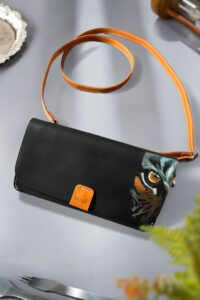 Best Black leather purse with handmade Tiger Black art for women by MUSHI