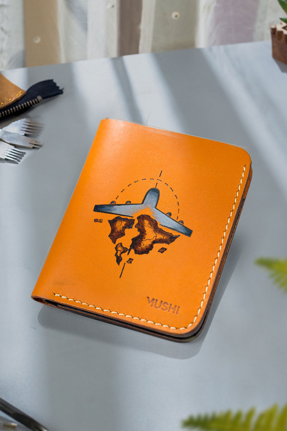 Compact Art wallet by MUSHI (TAN) Orange wallet with jet ART prepared by MUSHI