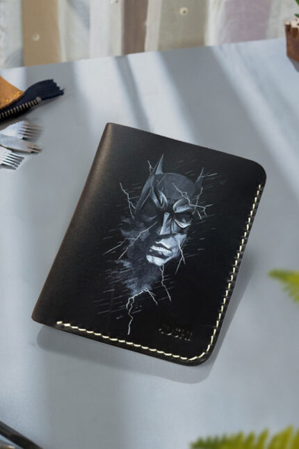 Batman leather wallet for men featuring superhero artwork by Mushi