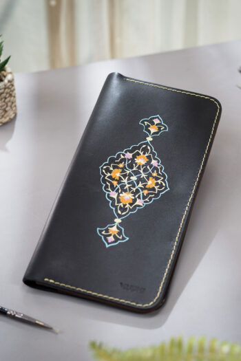 Turkish leather wallet with blooming flower design on black leather