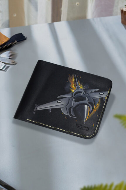 leather wallet with detailed JF-17 Thunder jet artwork and fire spike design along the bottom.