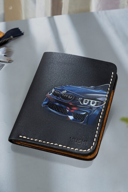 Handcrafted leather wallet with BMW-inspired artwork by Mushi