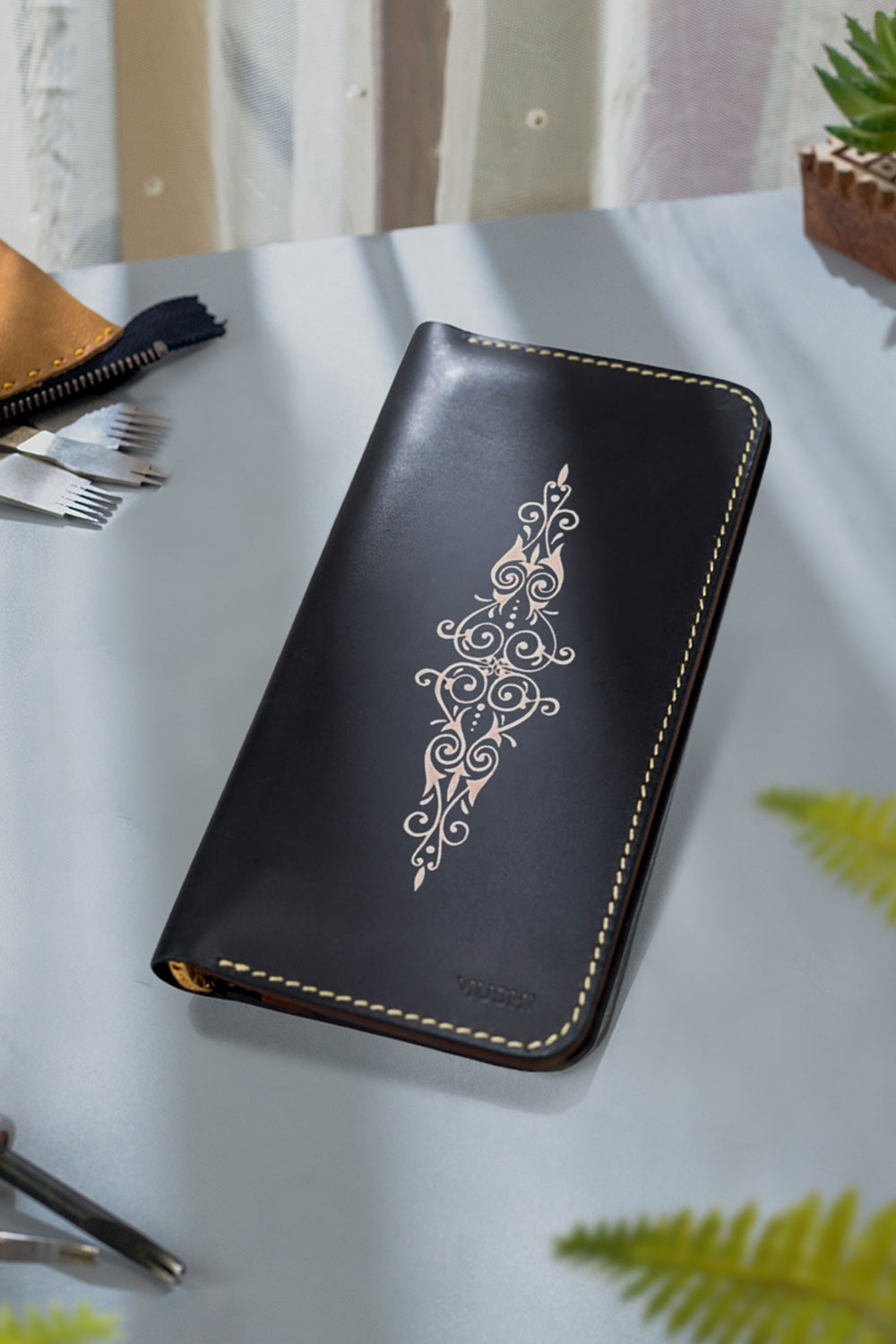 Best Black ART Wallet by MUSHI Leather art,cultural brooch, leather wallet Prepared by MUSHI