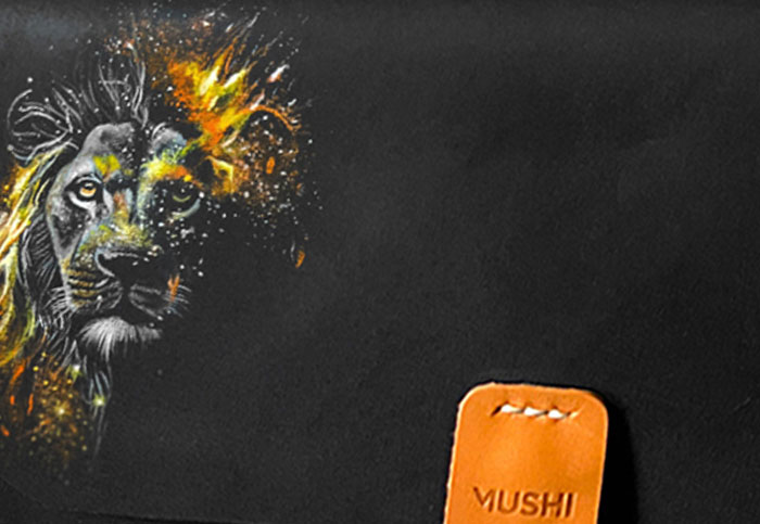 Luxury Art Lion Black leather purse with handmade art for women by MUSHI