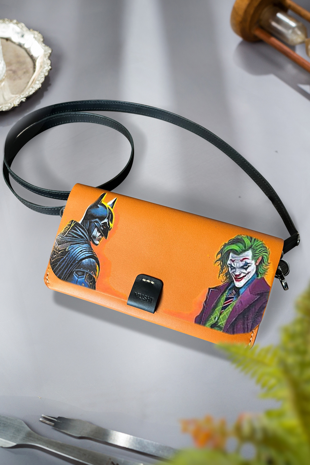 Classy BATMAN leather purse with handmade art for women by MUSHI