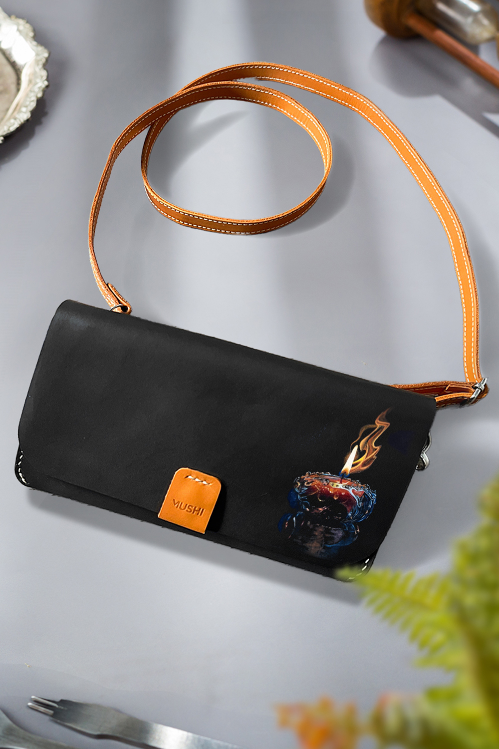 Luxury Art Black leather purse with handmade art for women by MUSHI