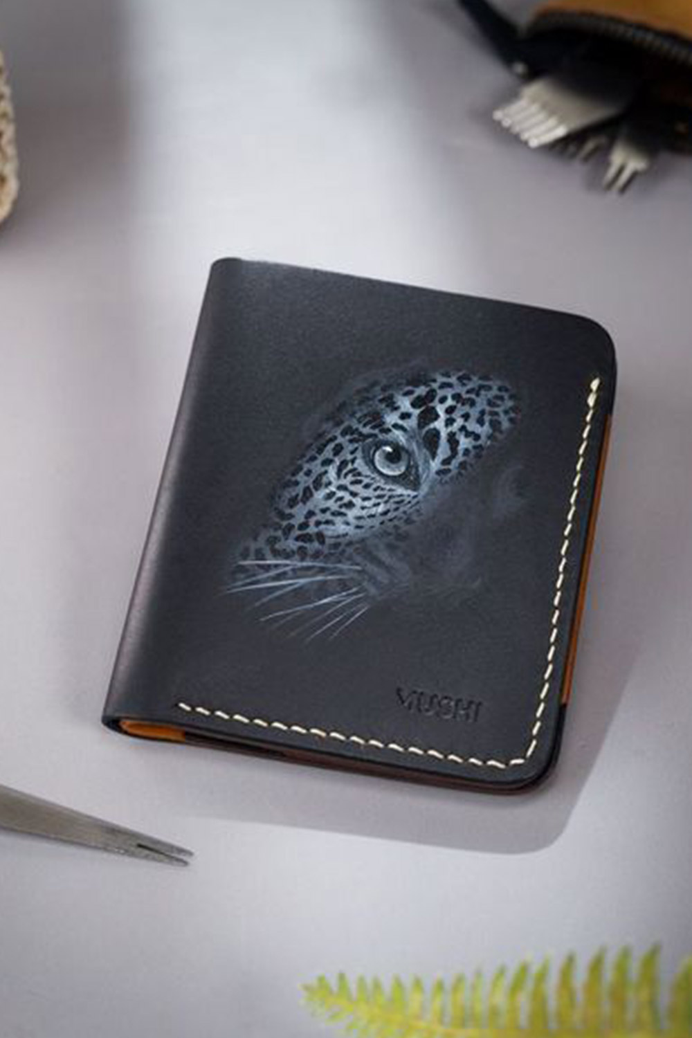 Best Art Wallet handmade by MUSHI Customize best Black Leather Handmade Wallet Prepared By MUSHI