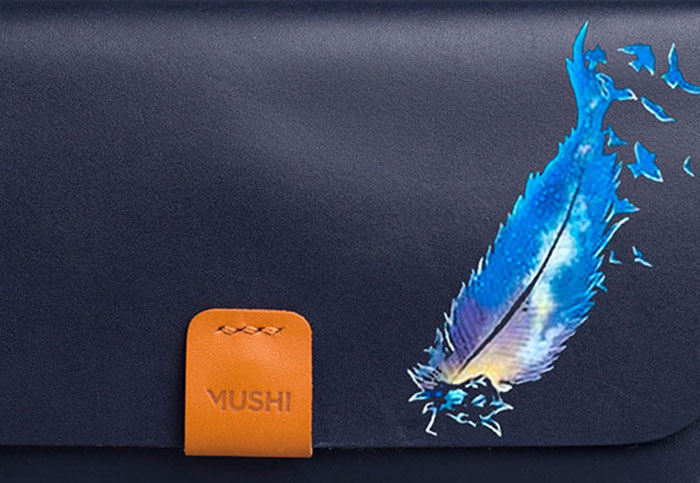 Feather Blue leather purse with handmade art for women by MUSHI