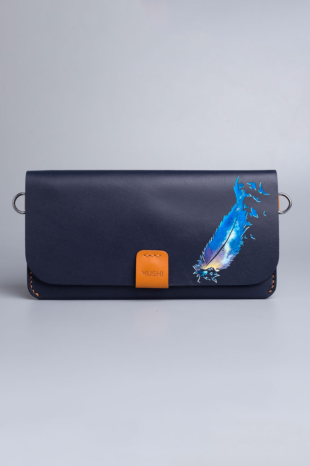 Luxury Blue leather purse with handmade art for women by MUSHI