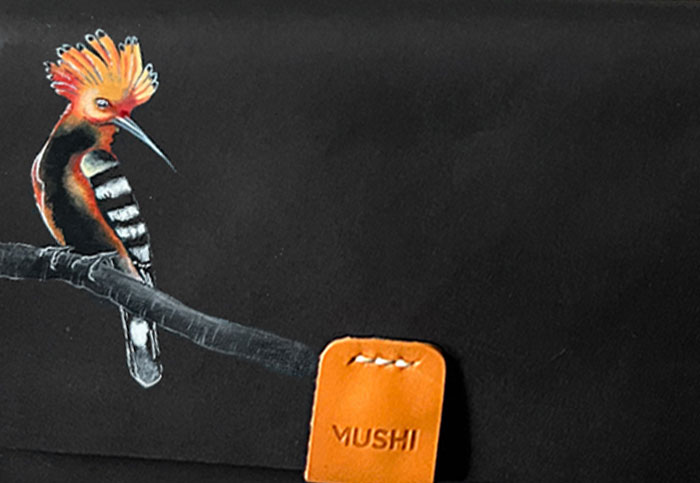 Best ART purse MUSHI (BLACK) Bird Black leather purse with handmade art for women by MUSHI