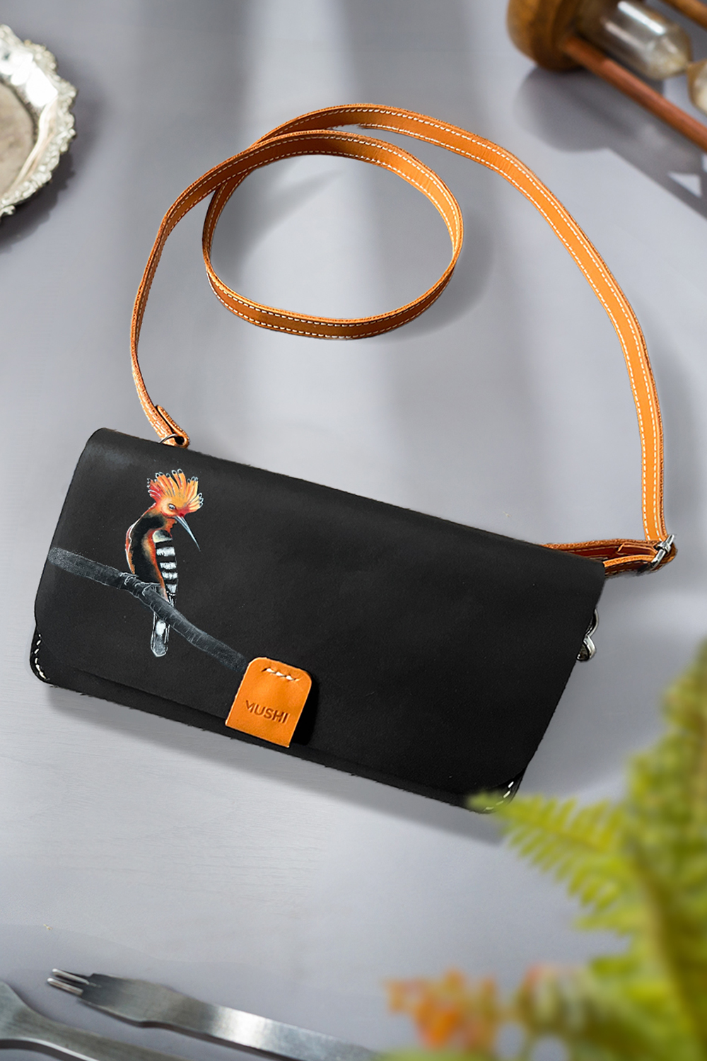 Purse for Women MUSHI (BLACK) Luxury Black leather purse with handmade Bird art for women by MUSHI
