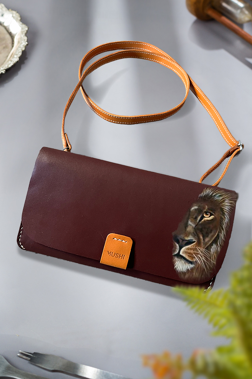 A Luxury Burgundy leather purse with handmade art for women by MUSHI