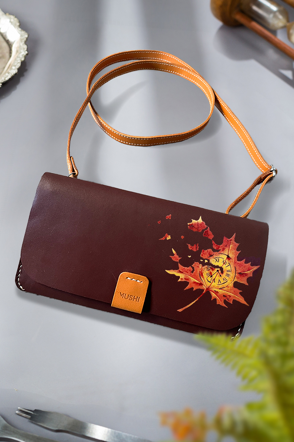 A Luxury burgundy with tan leather purse with handmade art for women by MUSHI