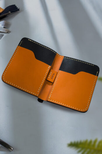 Black and orange Leather Genuine Wallet with Wax Thread stitching by Hands