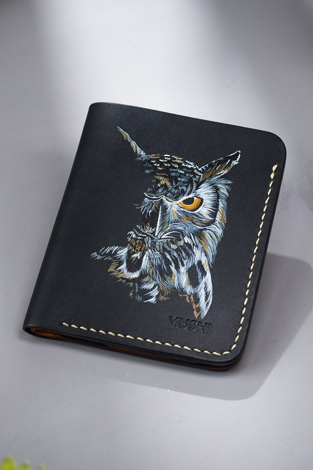 Gents OWL Black Art Wallet by MUSHI Full Grain Black Leather OWL Handmade Customize Wallet Prepared By MUSHI