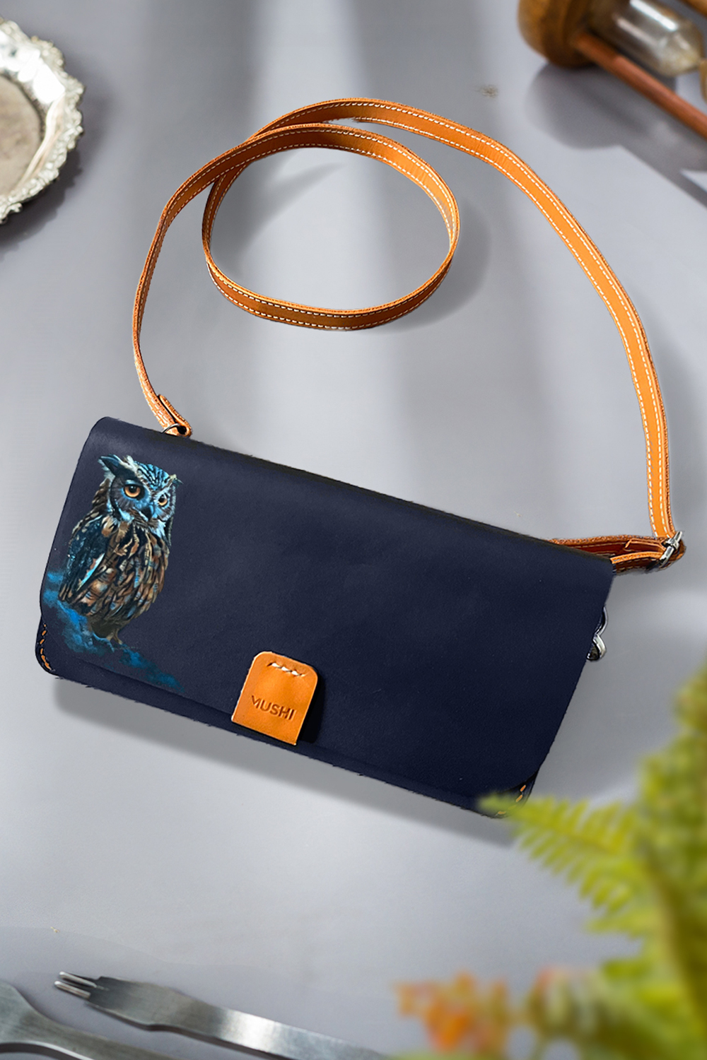 Luxury Black leather purse with handmade art for women by MUSHI