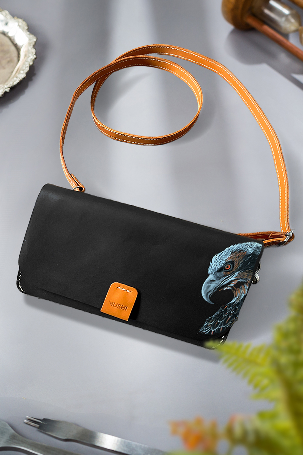 Luxury Black leather purse with EAGLE handmade art for women by MUSHI