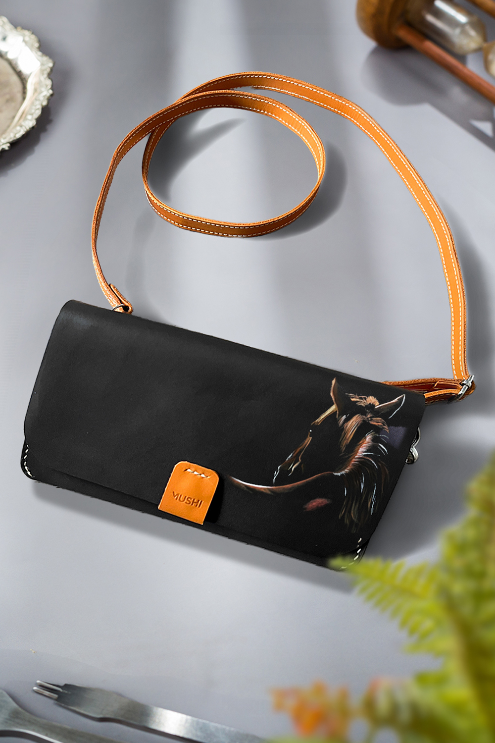 Art Ladies purse MUSHI (BLACK) A Luxury Black leather purse with handmade art for women by MUSHI