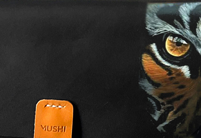 Luxury Art Tiger Black leather purse with handmade art for women by MUSHI