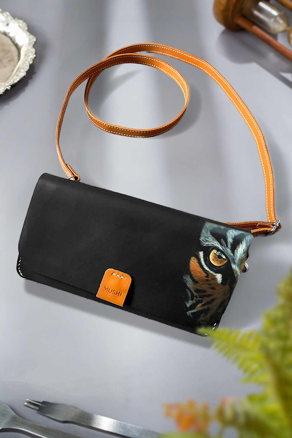 Luxury Black leather purse with handmade Tiger Black art for women by MUSHI